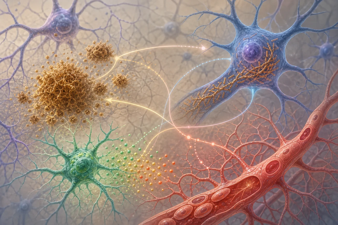 An abstract neural tissue map shows amyloid plaques, tau-like changes inside a neuron, microglial inflammation signals, and a nearby blood vessel network.