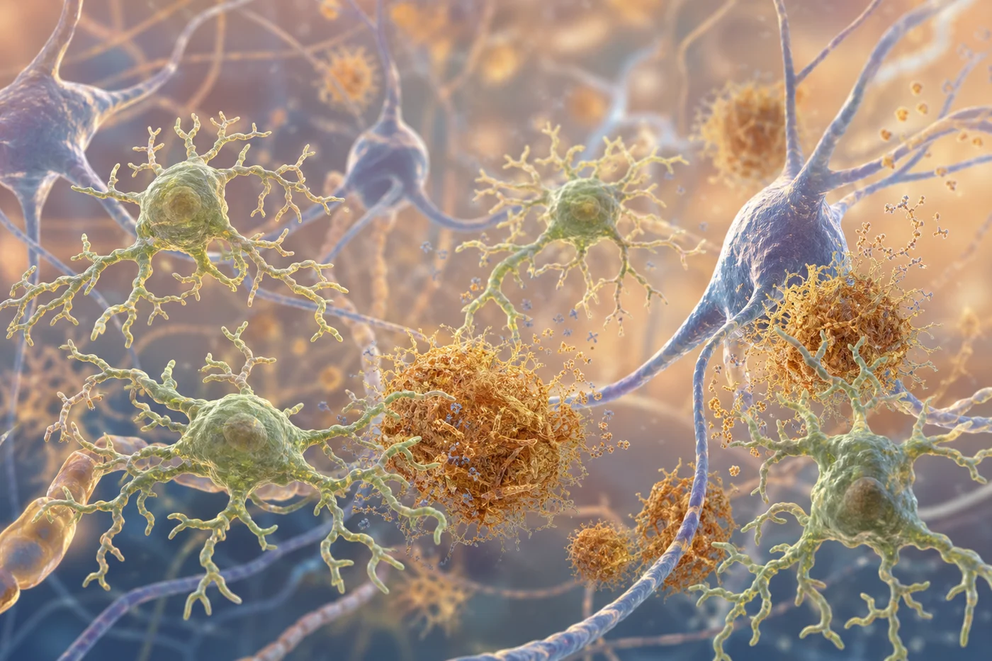 Microglia-like immune cells extend branches around amyloid plaque deposits within a warm neural tissue illustration.