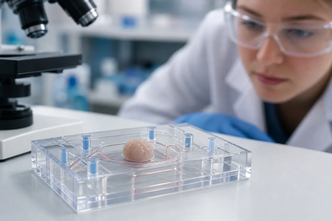 A small brain organoid in a transparent chip-like device with gentle fluid channels and a researcher observing it under soft laboratory light.
