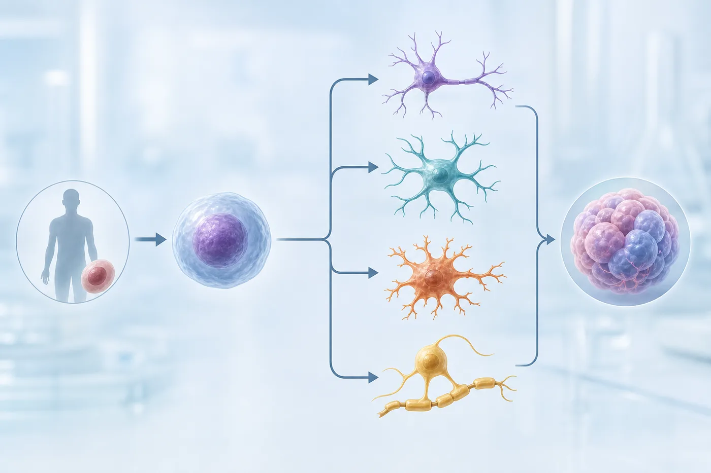 A clear visual pathway showing an adult cell becoming an iPSC and then becoming neurons, astrocytes, microglia-like cells, and a small brain organoid.