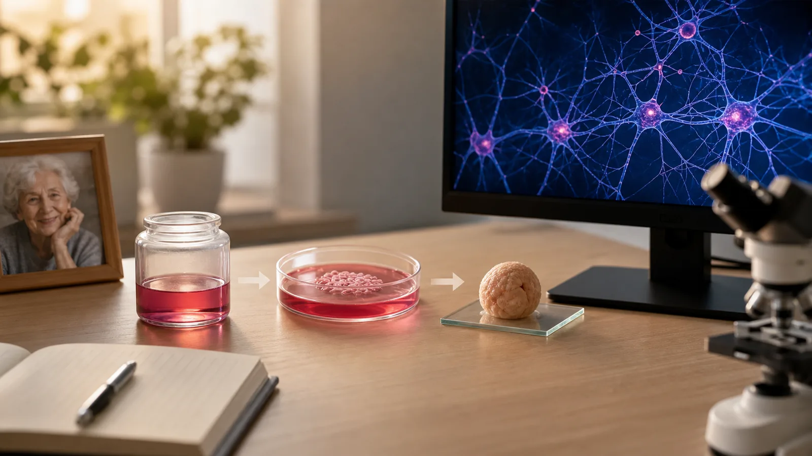 A warm laboratory desk showing a skin cell sample, stem cell culture dish, neuron-like cells, and a small brain organoid model arranged as a careful research pathway.
