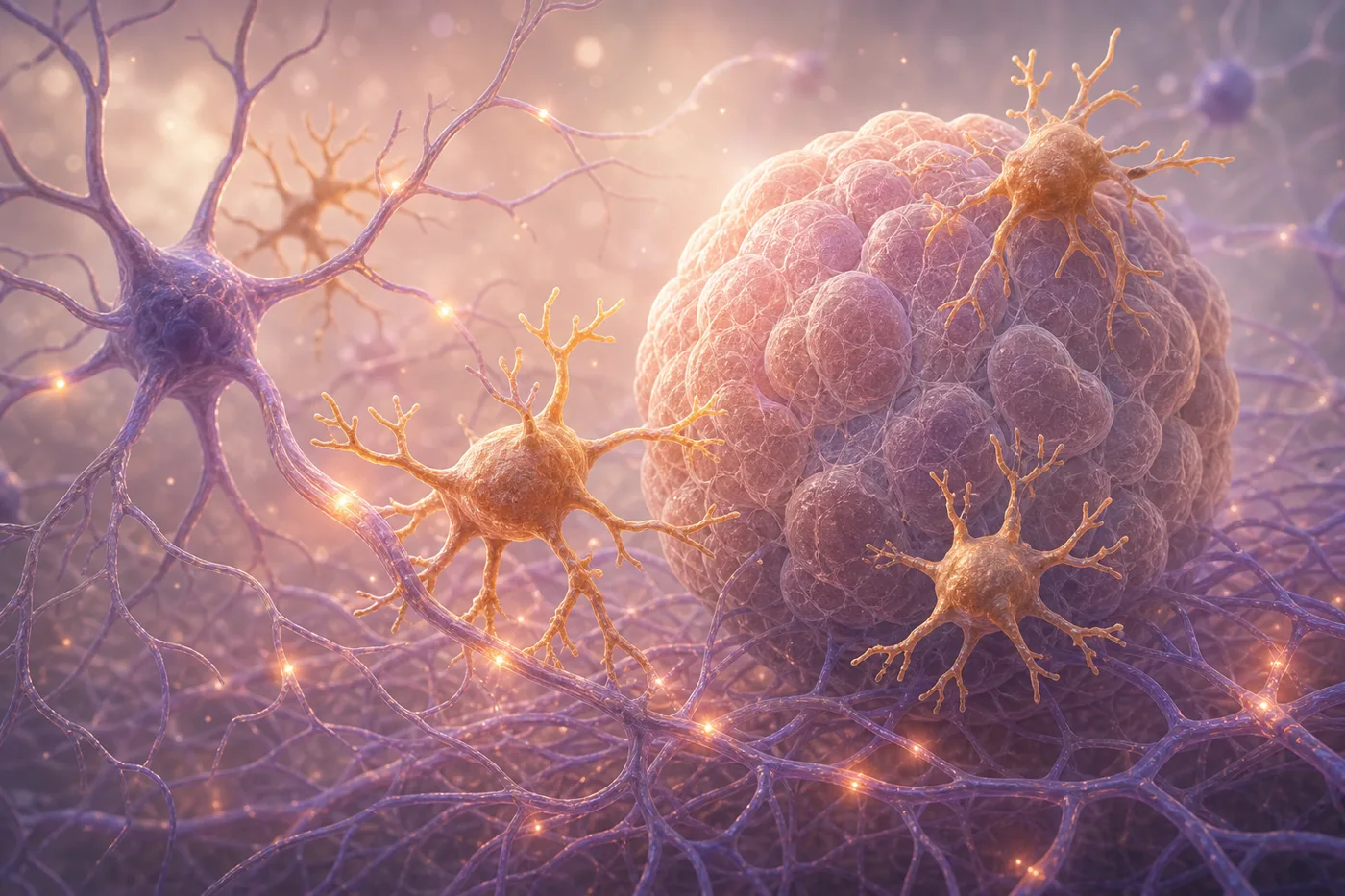 A scientific illustration showing microglia-like immune cells interacting gently with neurons and a small organoid in a warm laboratory visualization.