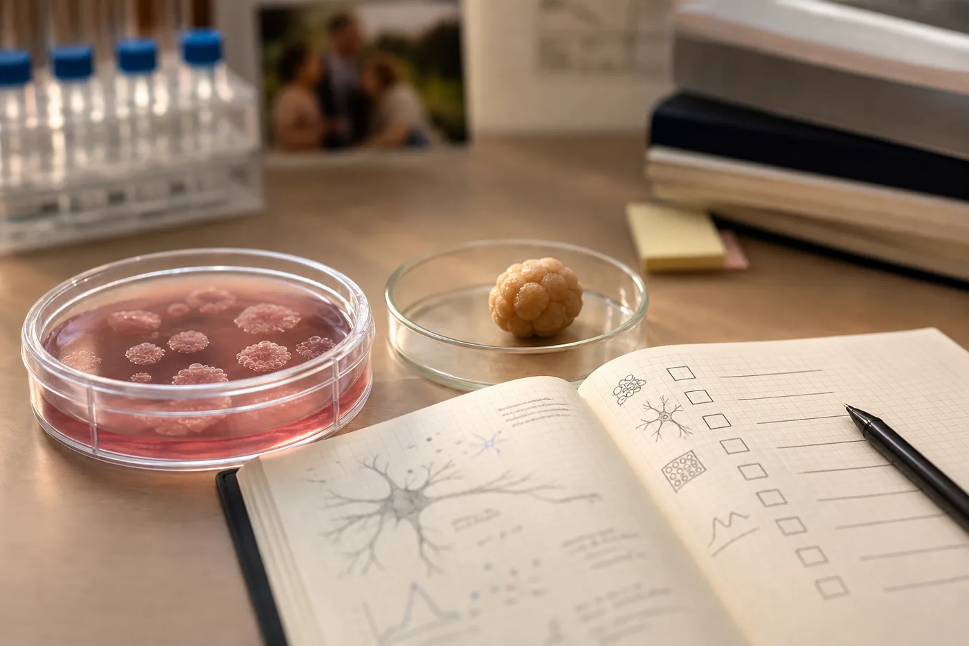 A balanced research scene showing a cell culture dish, organoid, data notebook, and a careful checklist, suggesting promise and limits without cure language.