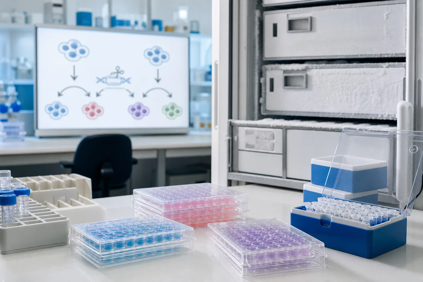 A neat laboratory freezer and culture plate scene with color-coded iPSC lines connected to a simple gene-editing comparison concept.