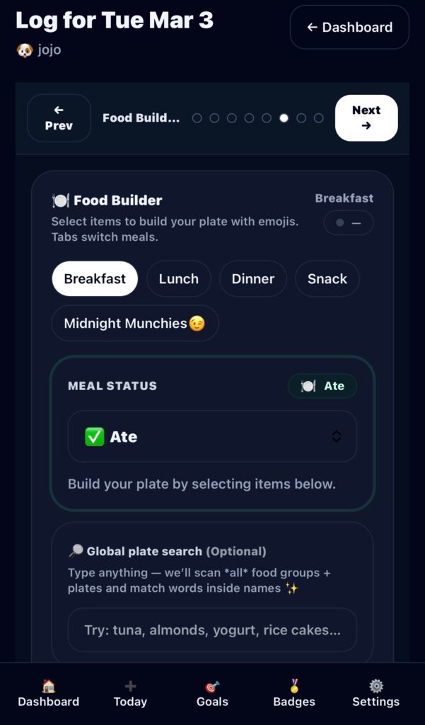 Memovela Food Builder interface showing breakfast meal logging and nutrition tracking for insulin resistance and metabolic health.