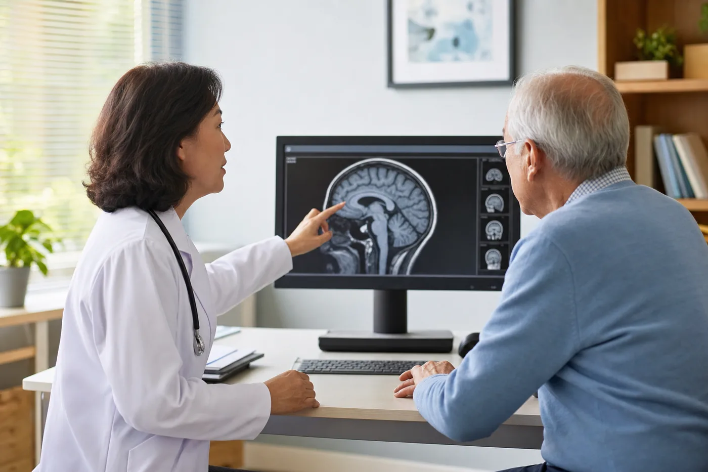 A clinician and older adult reviewing a brain MRI together in a calm consultation room, emphasizing safety monitoring and shared decisions.