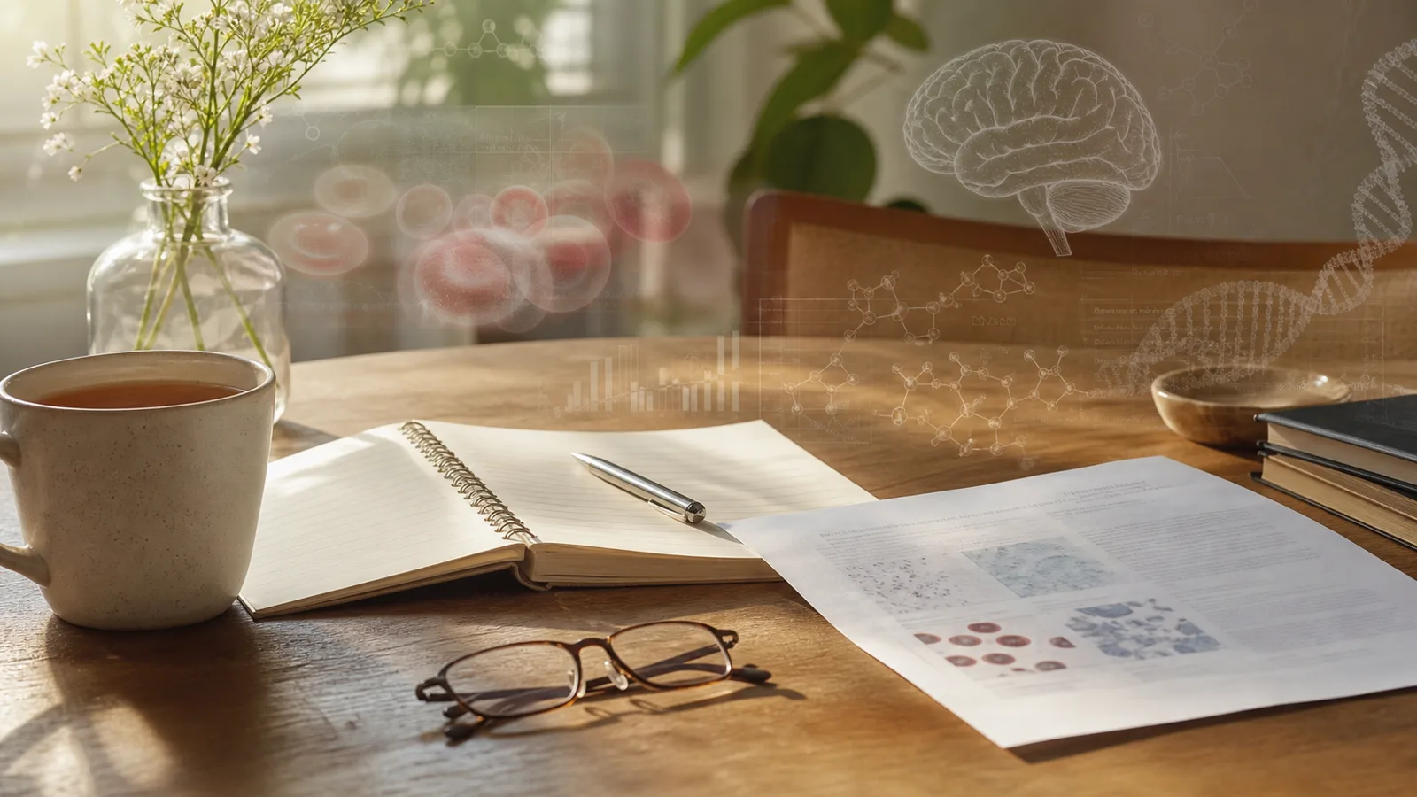 A warm kitchen table scene with a notebook, glasses, a tea mug, and subtle research visuals suggesting Alzheimer’s blood tests and brain health.