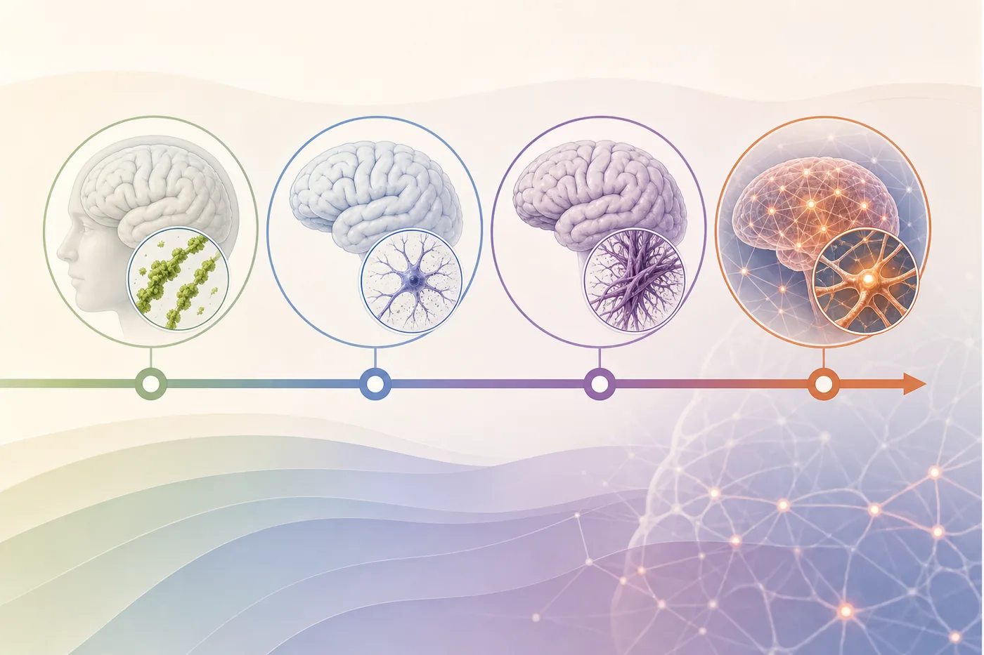 An abstract timeline of Alzheimer’s biology showing early amyloid change, rising tau signals, and later brain network stress without medical claims or tiny text.