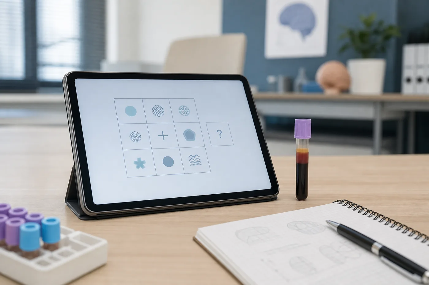 A tablet showing a simple memory task beside a small blood sample and a research notebook in a calm clinical setting.