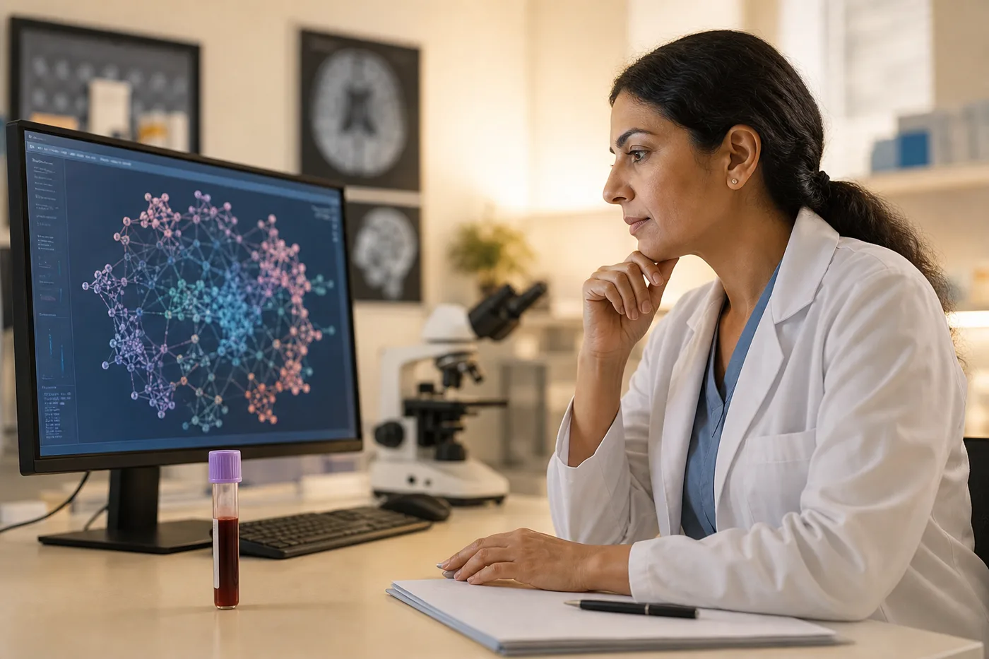 A respectful laboratory scene with a blood sample tube, protein network visualization, and a clinician reviewing dementia research data.