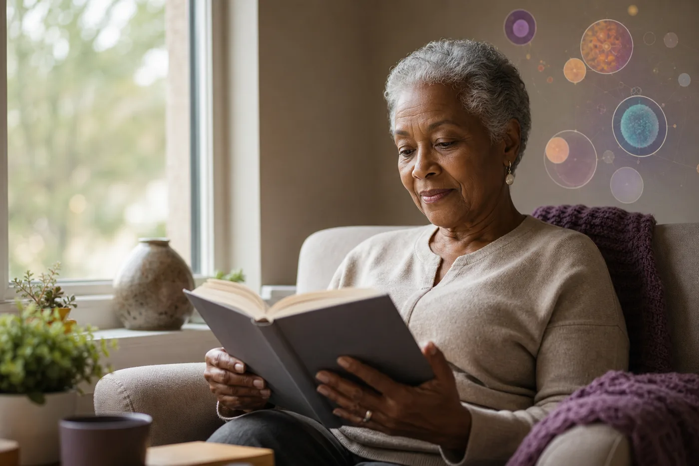 An older adult reading calmly near a window with soft abstract biomarker circles in the background, suggesting early research signals and thoughtful care.