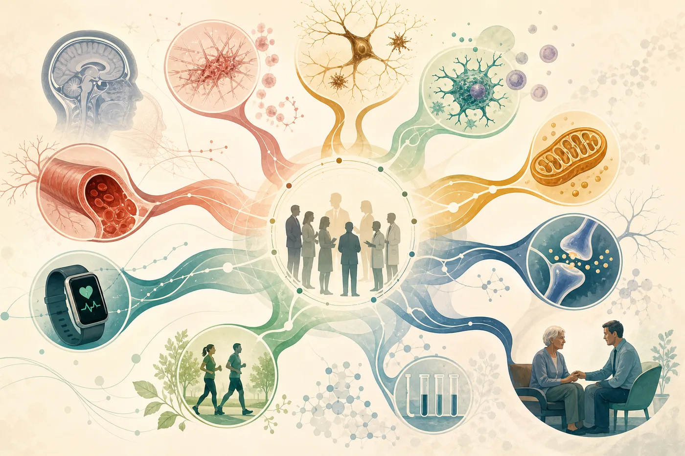 A branching scientific illustration connects Alzheimer’s research pathways including neurons, immune cells, blood vessels, mitochondria, wearables, walking, biomarkers, and care.