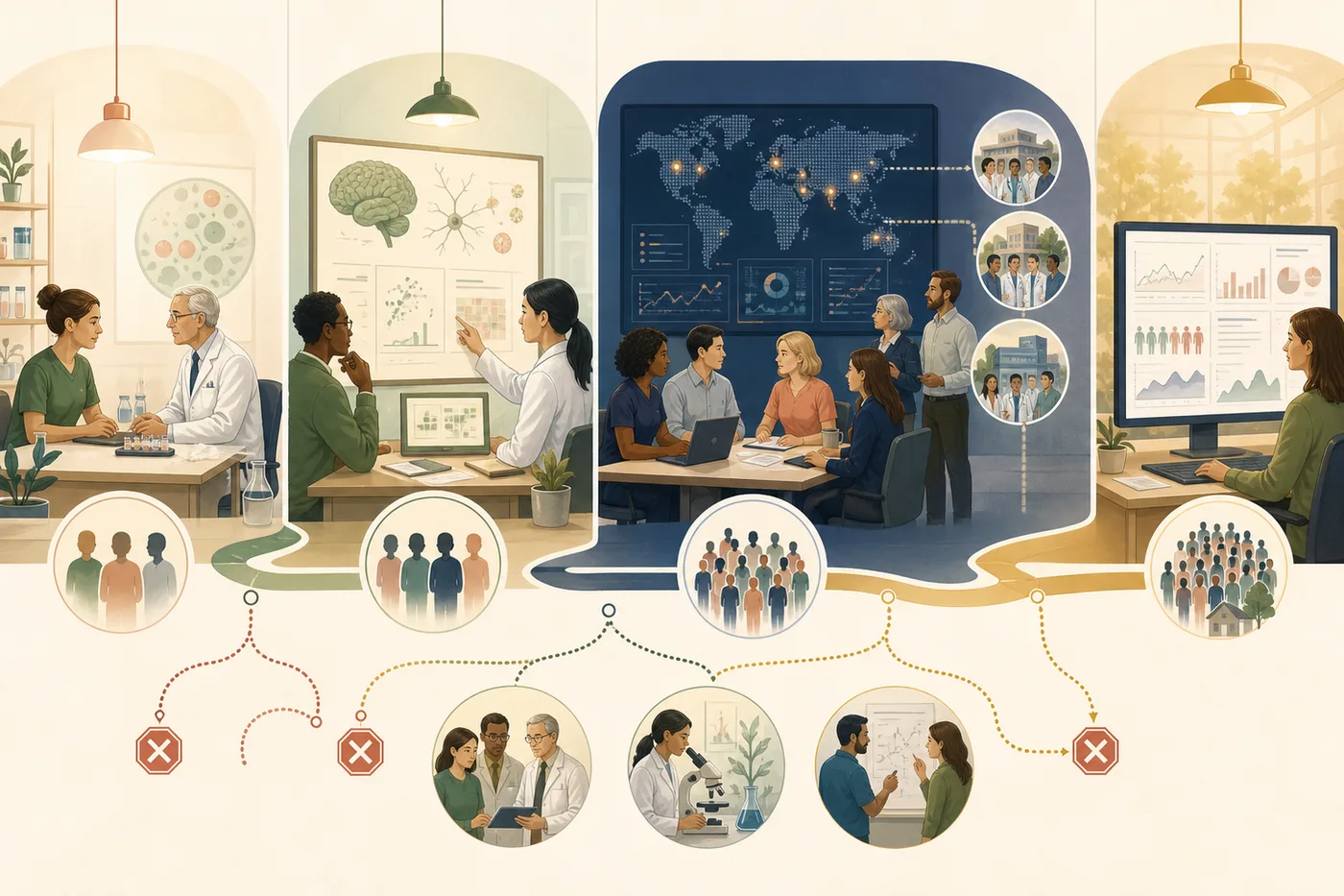 A warm clinical research pathway moves from a small safety visit to biomarker review, a larger multicenter study, and long-term monitoring, with side paths where studies may stop.