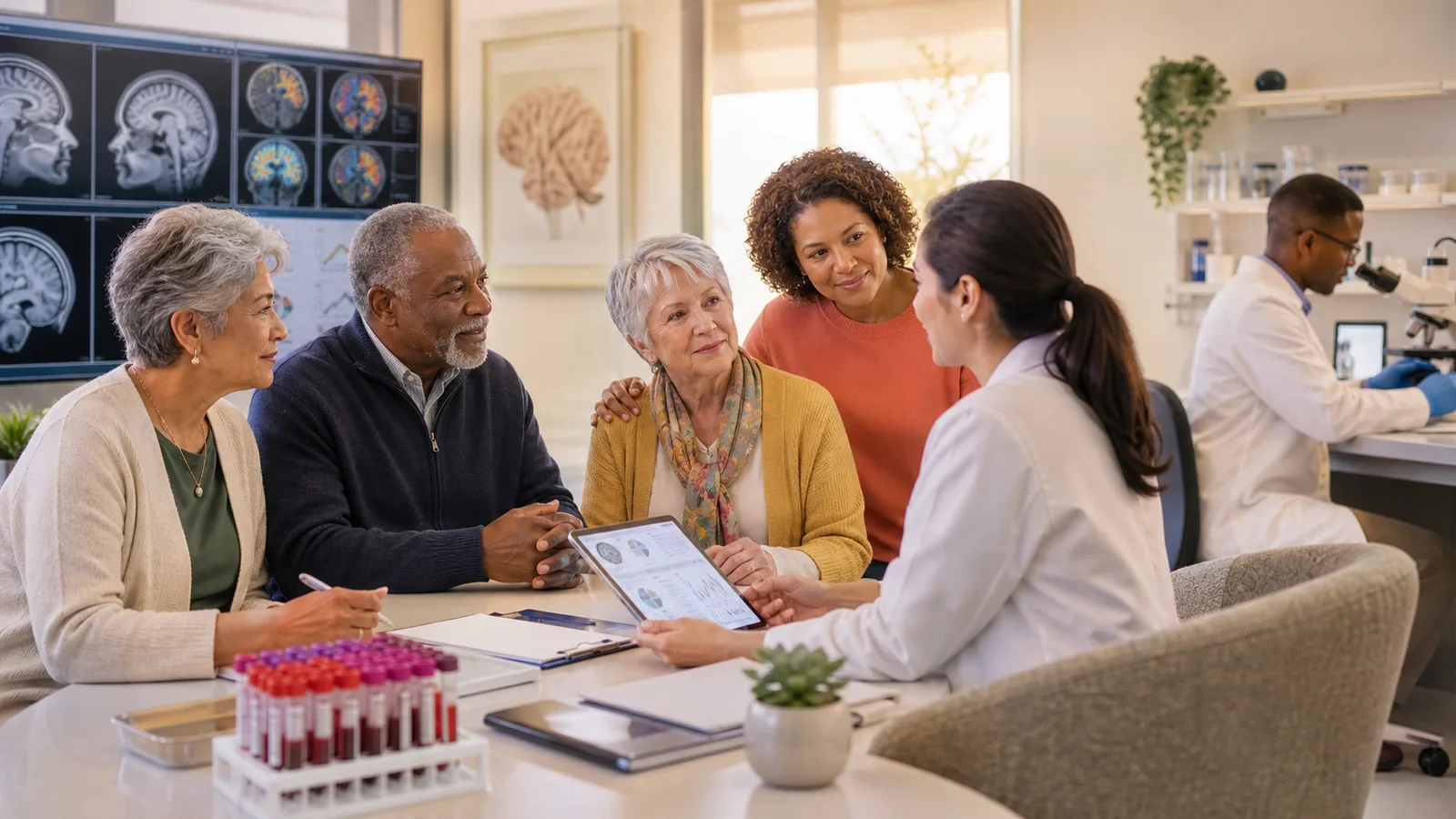 Older adults, a care partner, and a clinician discuss an Alzheimer’s clinical trial in a warm research clinic with brain scans and blood samples nearby.