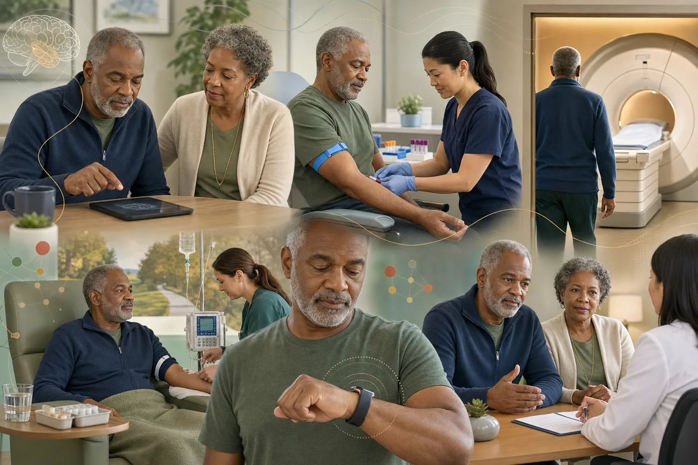 An older adult and care partner move through Alzheimer’s research visit steps including a tablet task, blood draw, imaging suite, infusion chair, wearable, and clinician conversation.