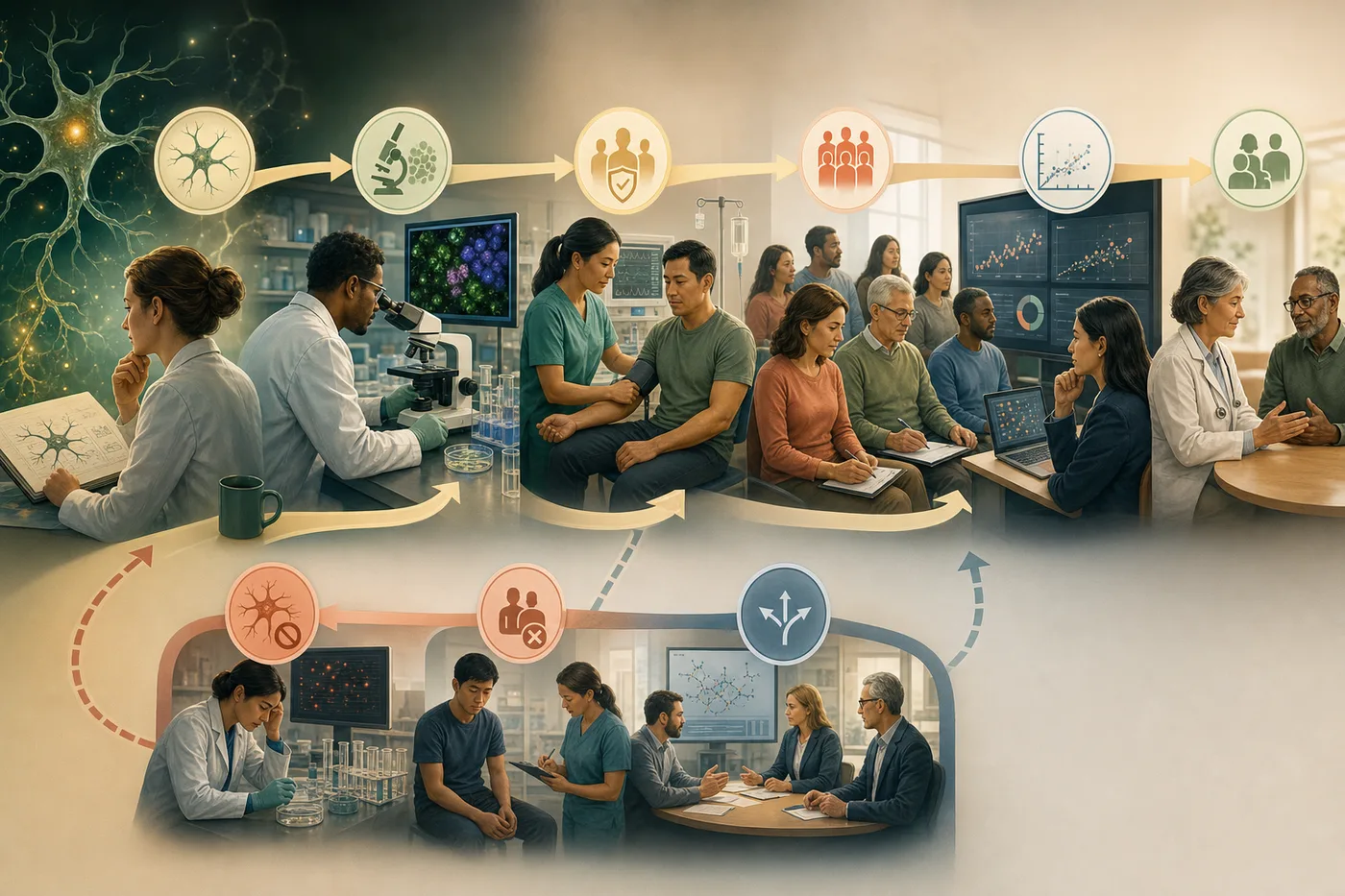 A translational research pathway moves from a neuron idea and lab evidence to early safety monitoring, controlled clinical testing, data review, and cautious clinical discussion.