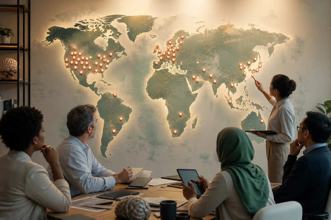 Researchers review a warm conceptual world map with clustered clinical-trial site markers in North America, Europe, East Asia, and fewer markers in other regions.