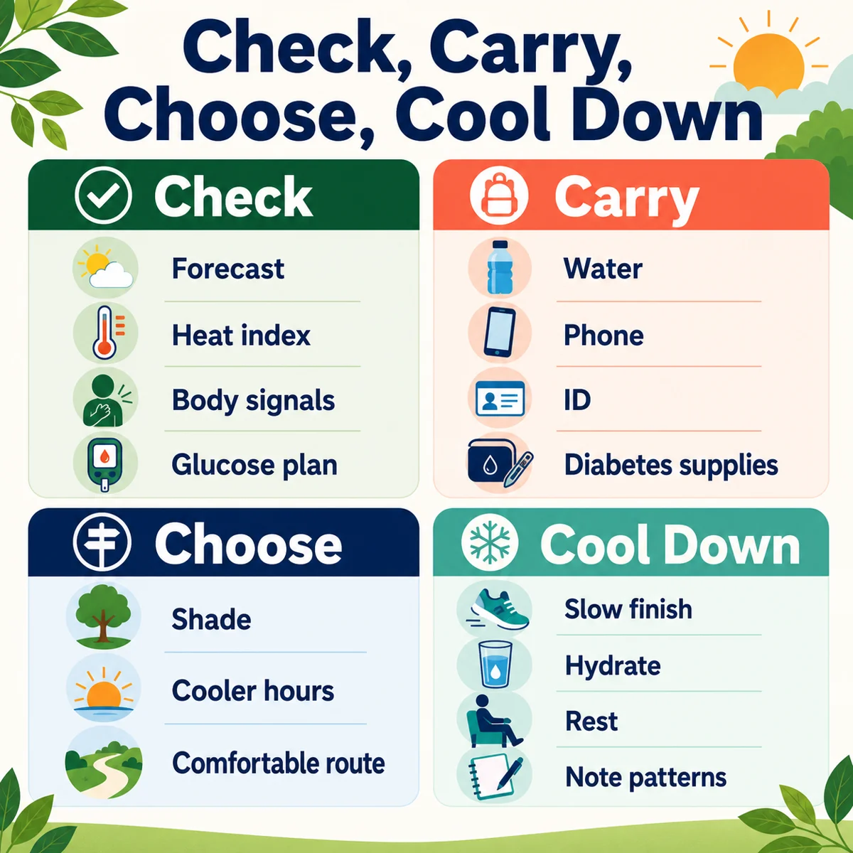 An infographic with four summer walking steps: check, carry, choose, and cool down.