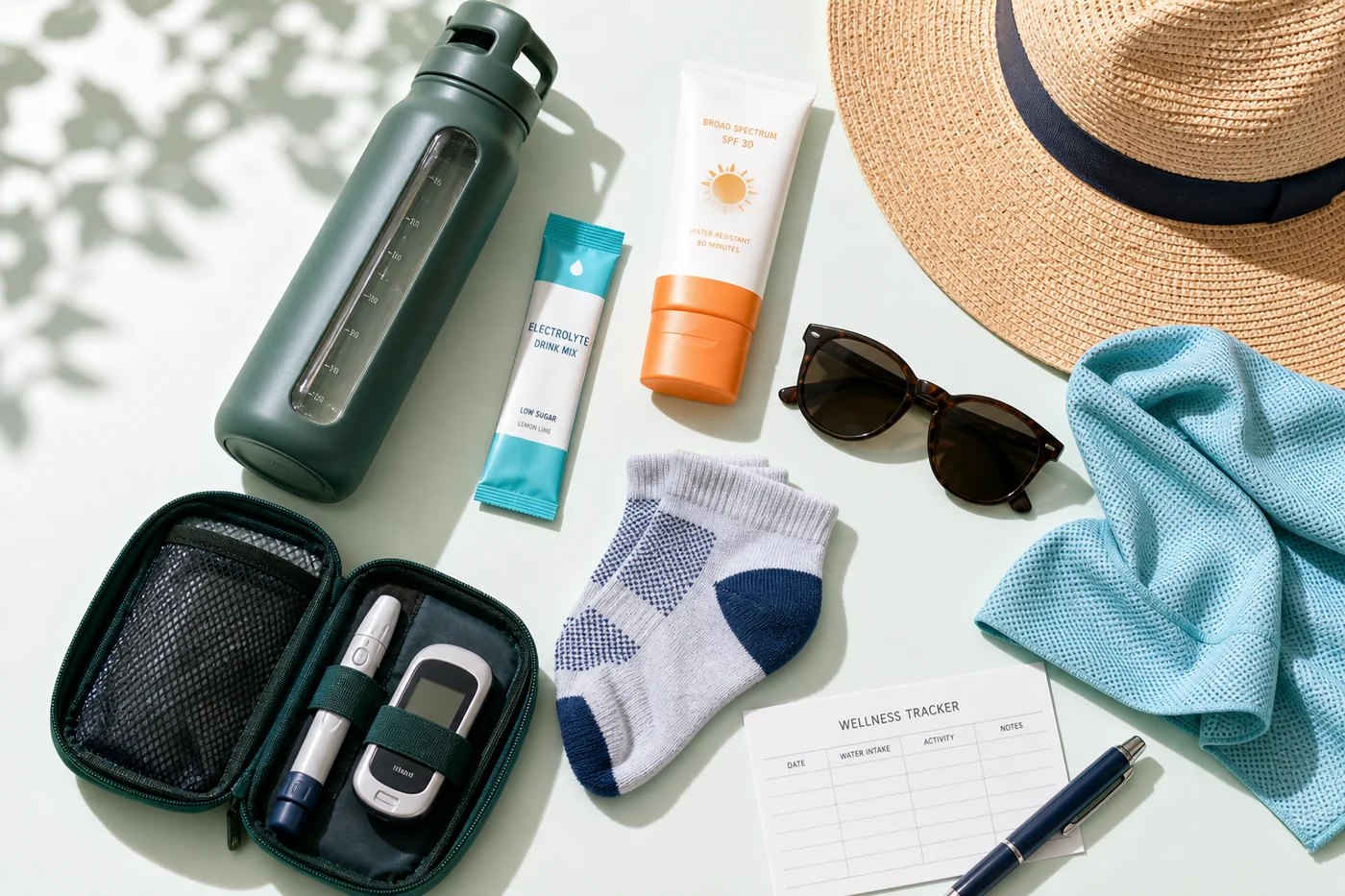 A summer hydration kit with a water bottle, electrolyte packet, sunscreen, hat, socks, sunglasses, cooling towel, and diabetes supply pouch.
