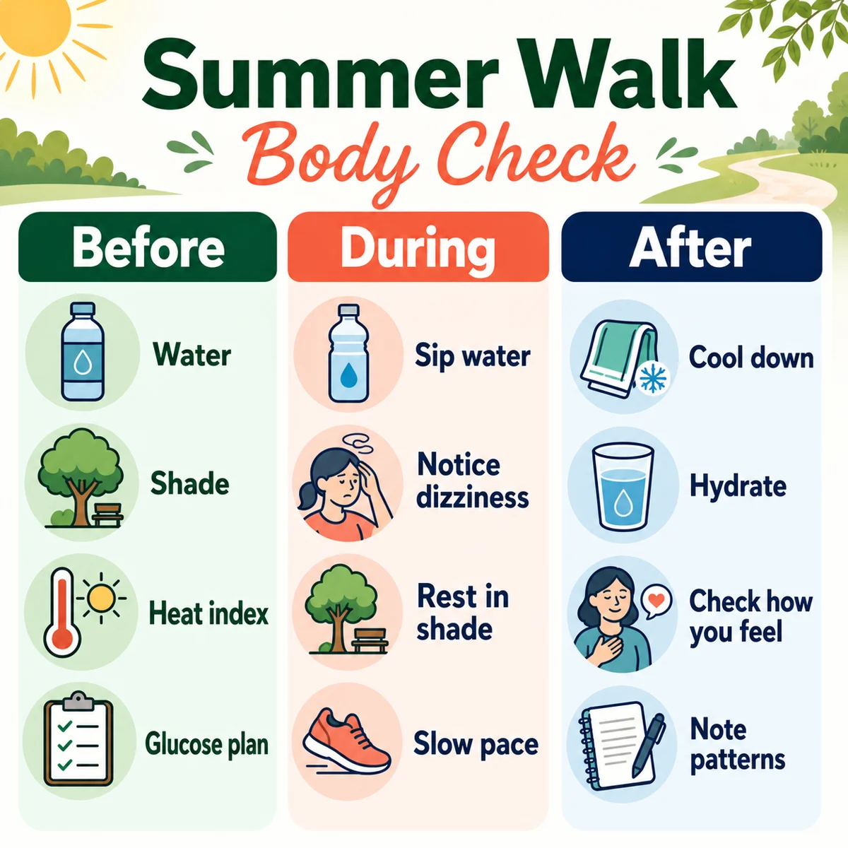 An infographic checklist for before, during, and after a summer walk with water, shade, glucose plan, rest, and cool-down reminders.