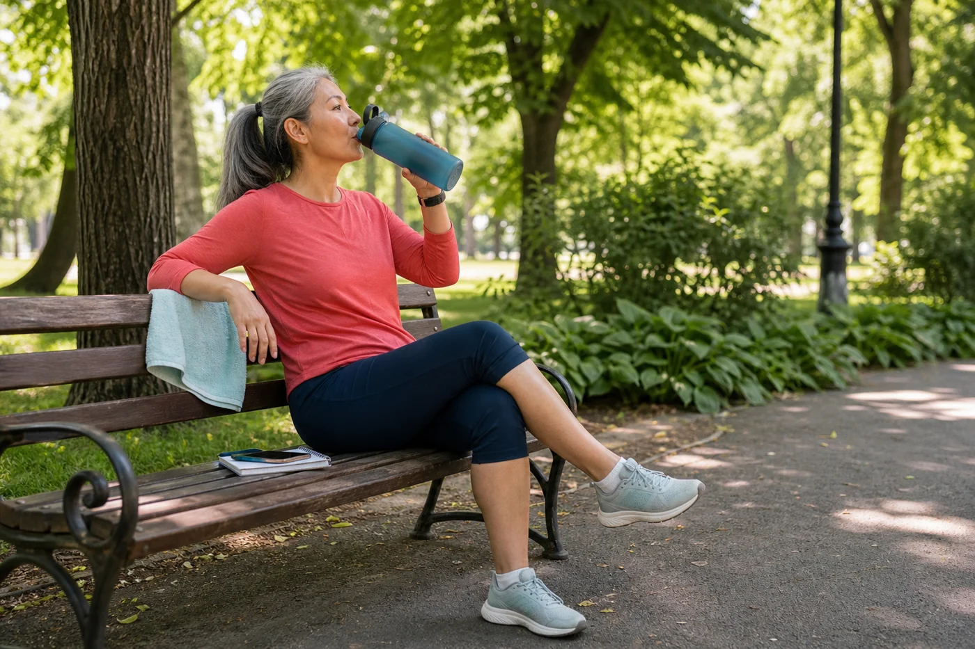 A person cooling down in the shade after a summer walk with water, a towel, and a wellness tracker nearby.