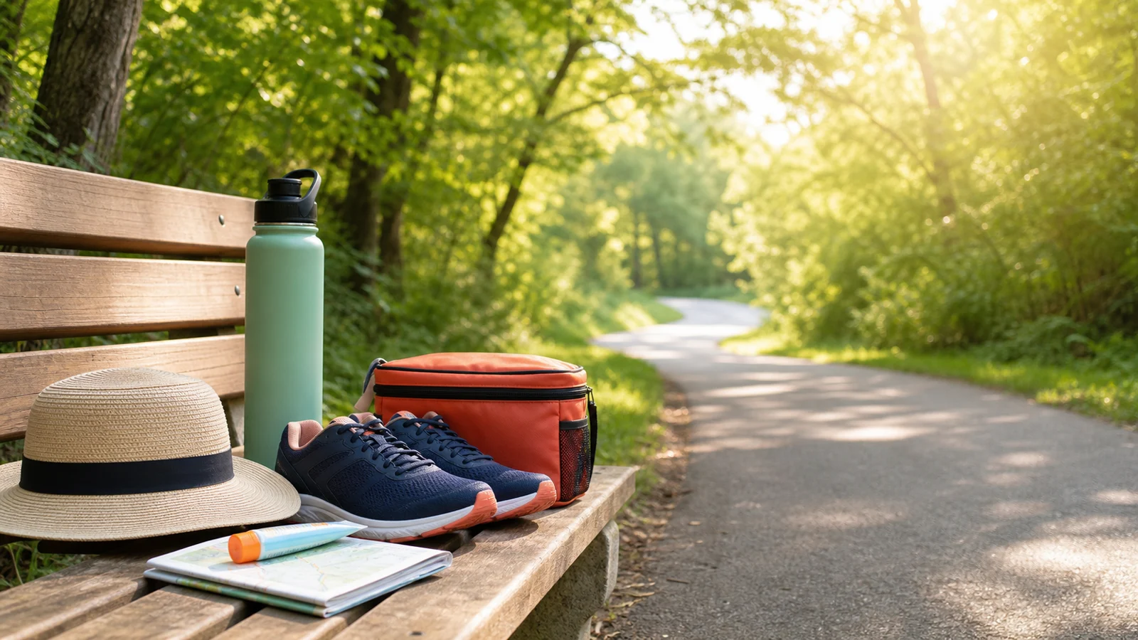 A shaded summer walking path with a water bottle, walking shoes, sun hat, sunscreen, and diabetes supply pouch on a bench.
