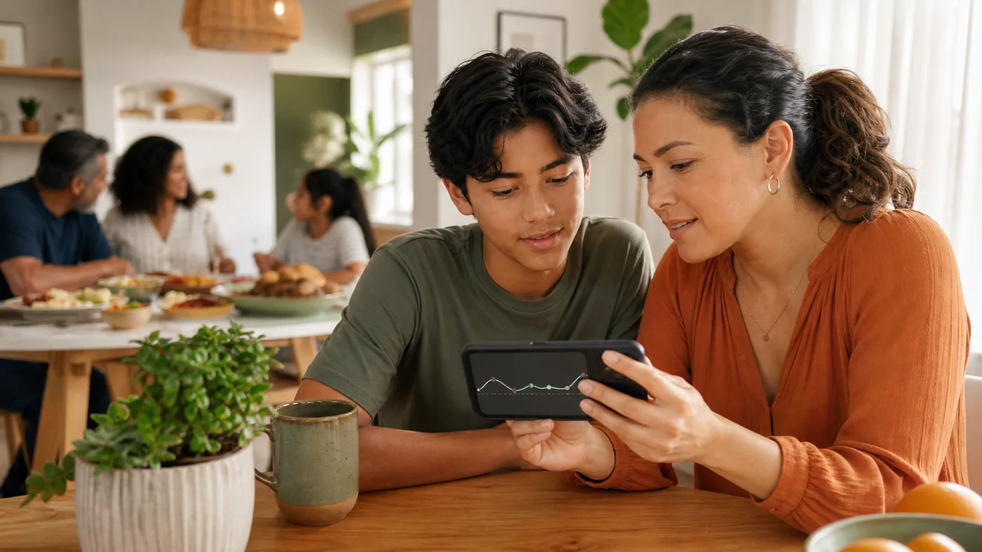 An adolescent and caregiver calmly review a phone together while a family meal continues in the background.