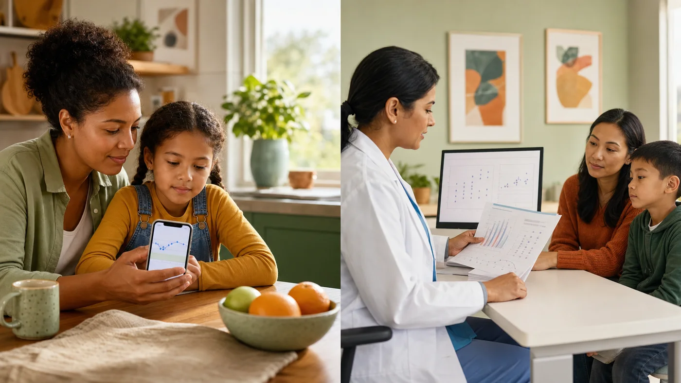 A split scene shows a family reviewing a home glucose trend on one side and a clinician reviewing laboratory test results on the other.