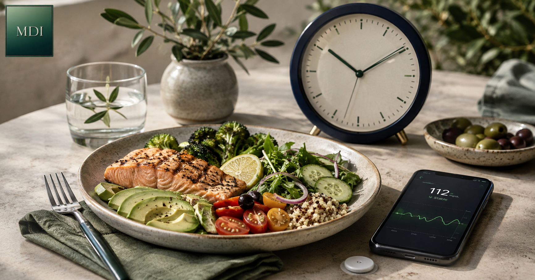 A balanced meal beside a clock and continuous glucose monitor, illustrating that food quality, timing, and personal glucose responses all matter in intermittent fasting.