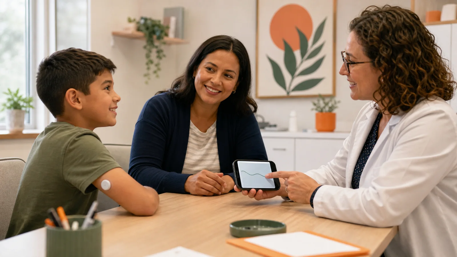 A child wearing a small upper-arm glucose sensor sits with a caregiver and pediatric clinician reviewing a phone in a calm clinic room.