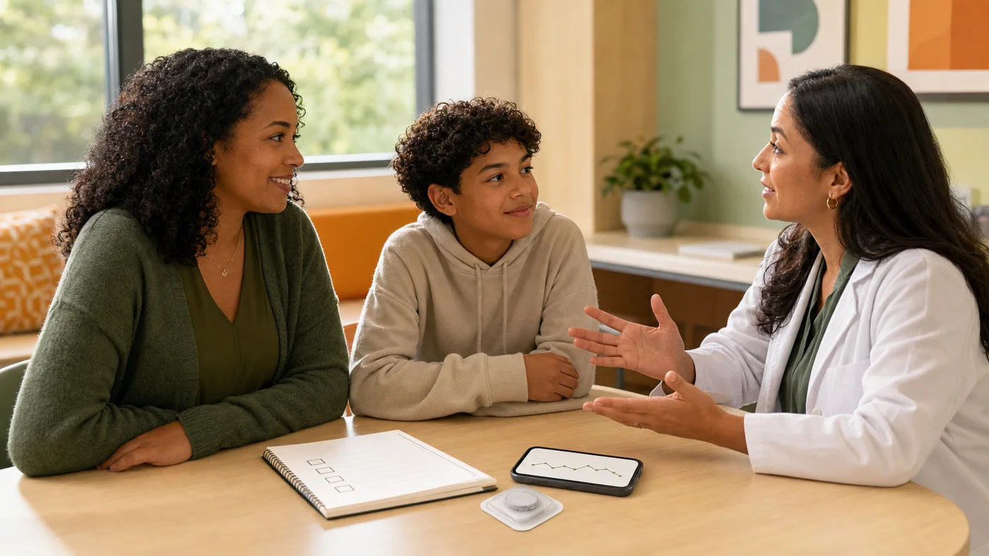 A caregiver, child, and pediatric clinician talk at a clinic table with a notebook, phone, and small unbranded sensor package nearby.