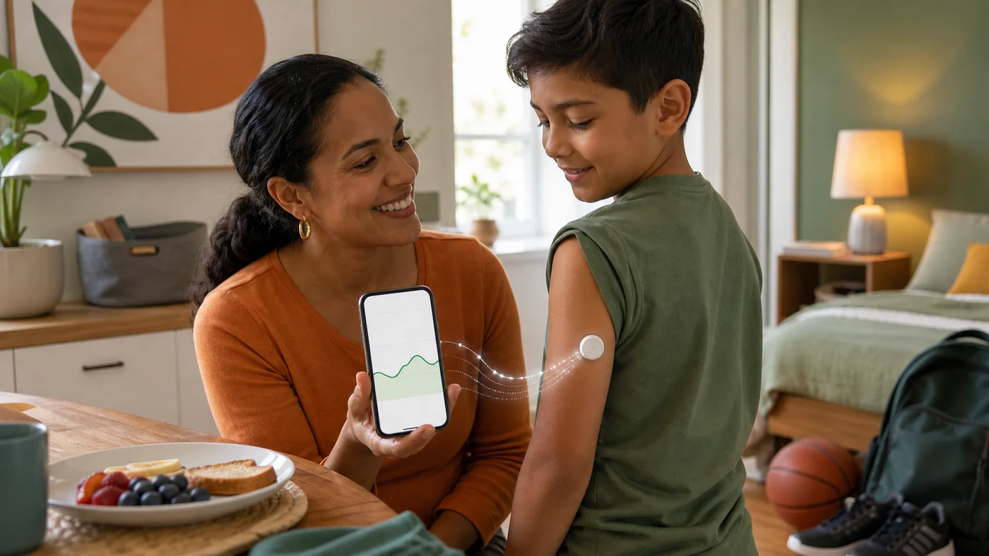 A caregiver shows a child wearing an upper-arm glucose sensor a phone with a simple trend line near breakfast, sports gear, and a bedroom.