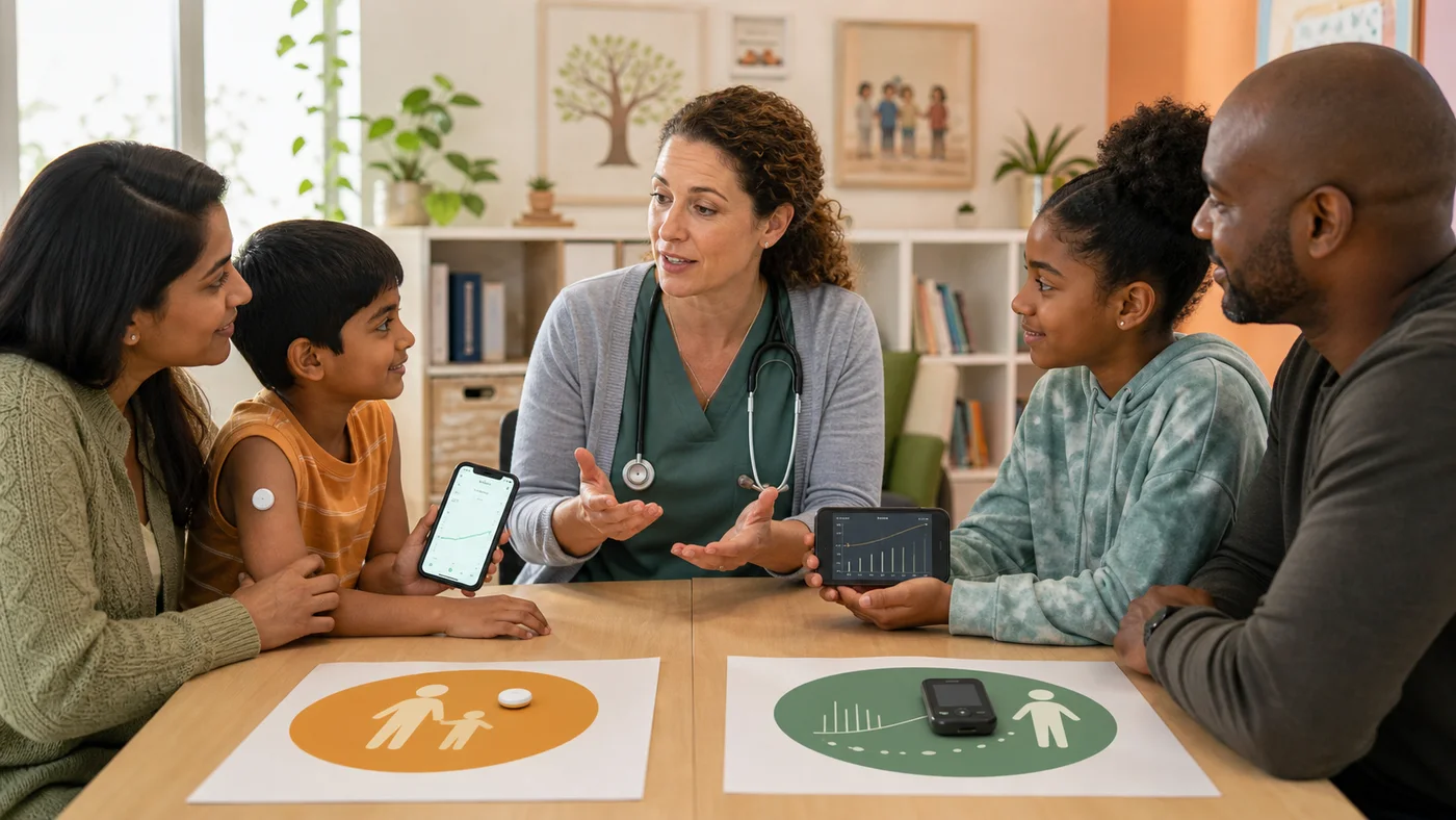 A pediatric clinician discusses different glucose monitoring options with two families seated together in a warm clinic room.