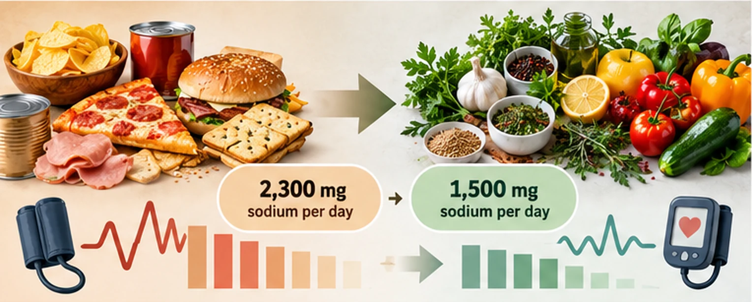 Illustration contrasting high-sodium processed foods with fresh foods and showing 2,300 milligrams and 1,500 milligrams of sodium as DASH reference levels.