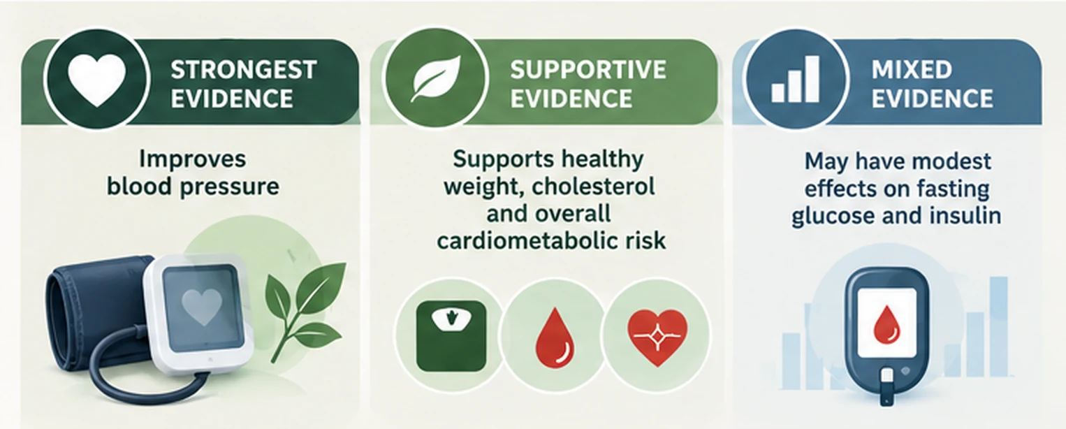 Evidence summary graphic showing strongest evidence for blood-pressure improvement, supportive evidence for weight and cholesterol outcomes, and mixed evidence for fasting glucose and insulin outcomes.