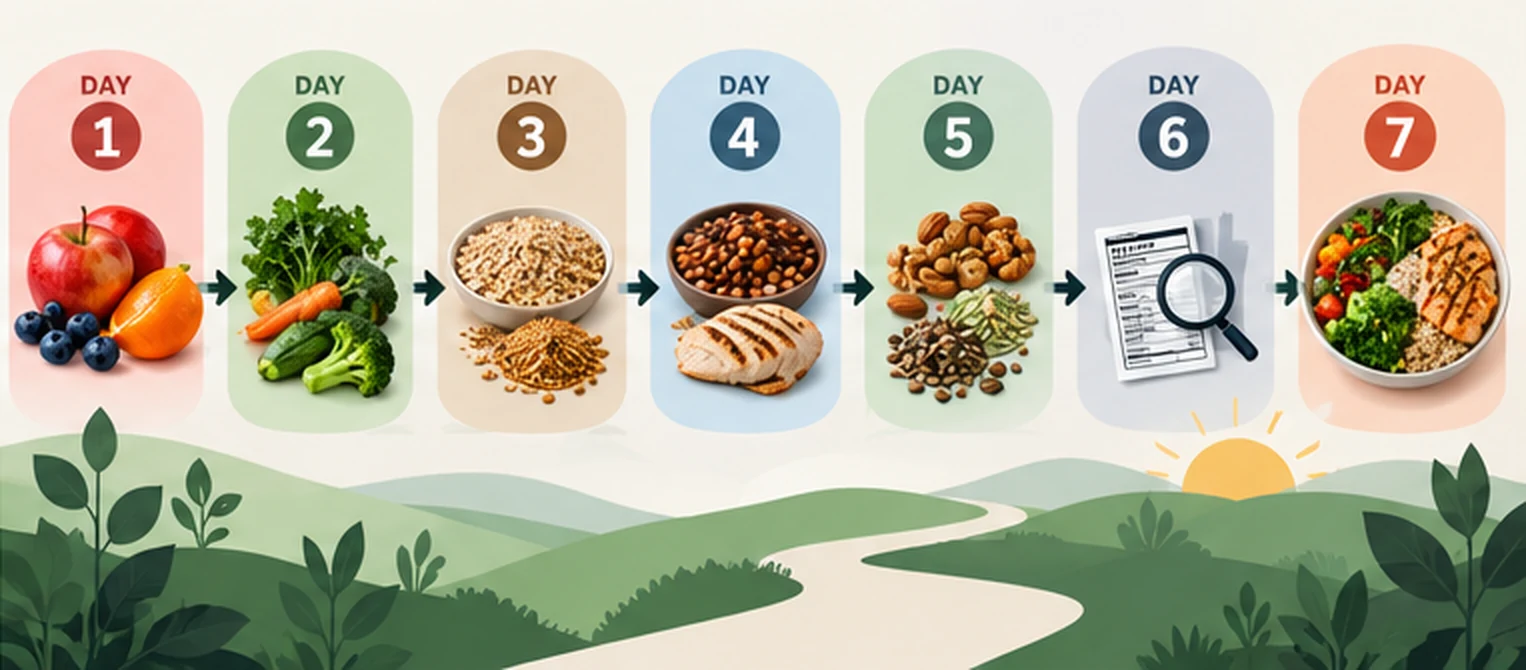 Seven-day visual pathway featuring fruit, vegetables, whole grains, beans, nuts and seeds, label reading, and a balanced meal.