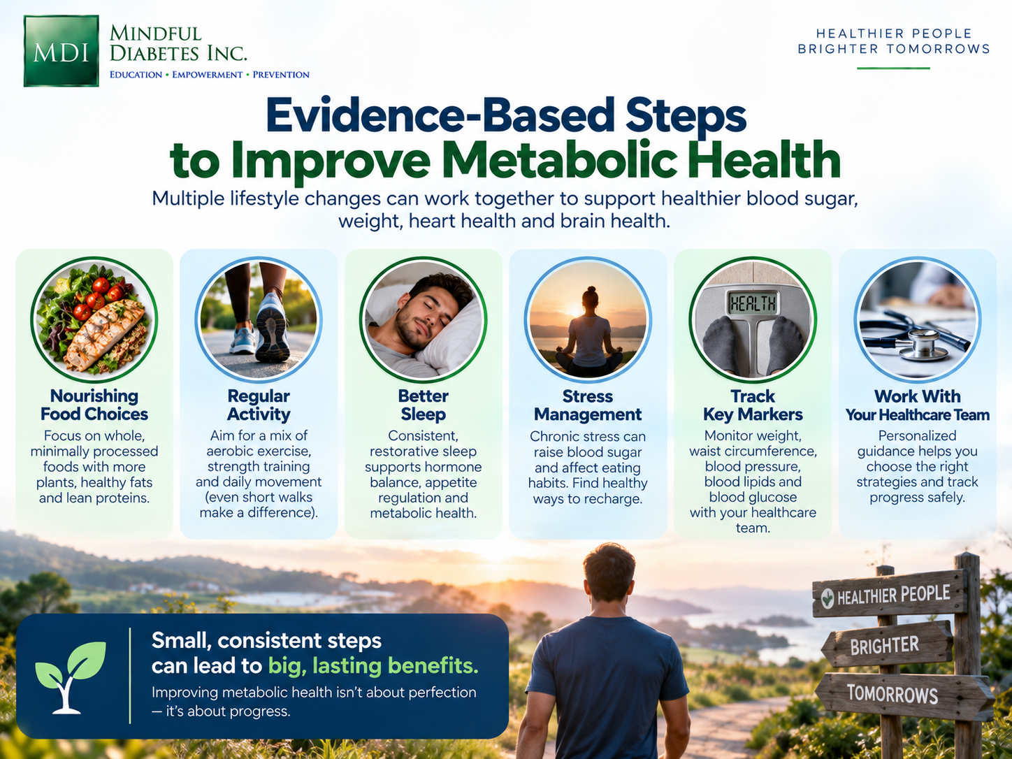 Evidence-Based Steps to Improve Metabolic Health Infographic showing nourishing food choices, regular activity, better sleep, stress management, tracking key cardiometabolic markers, and working with a healthcare team.