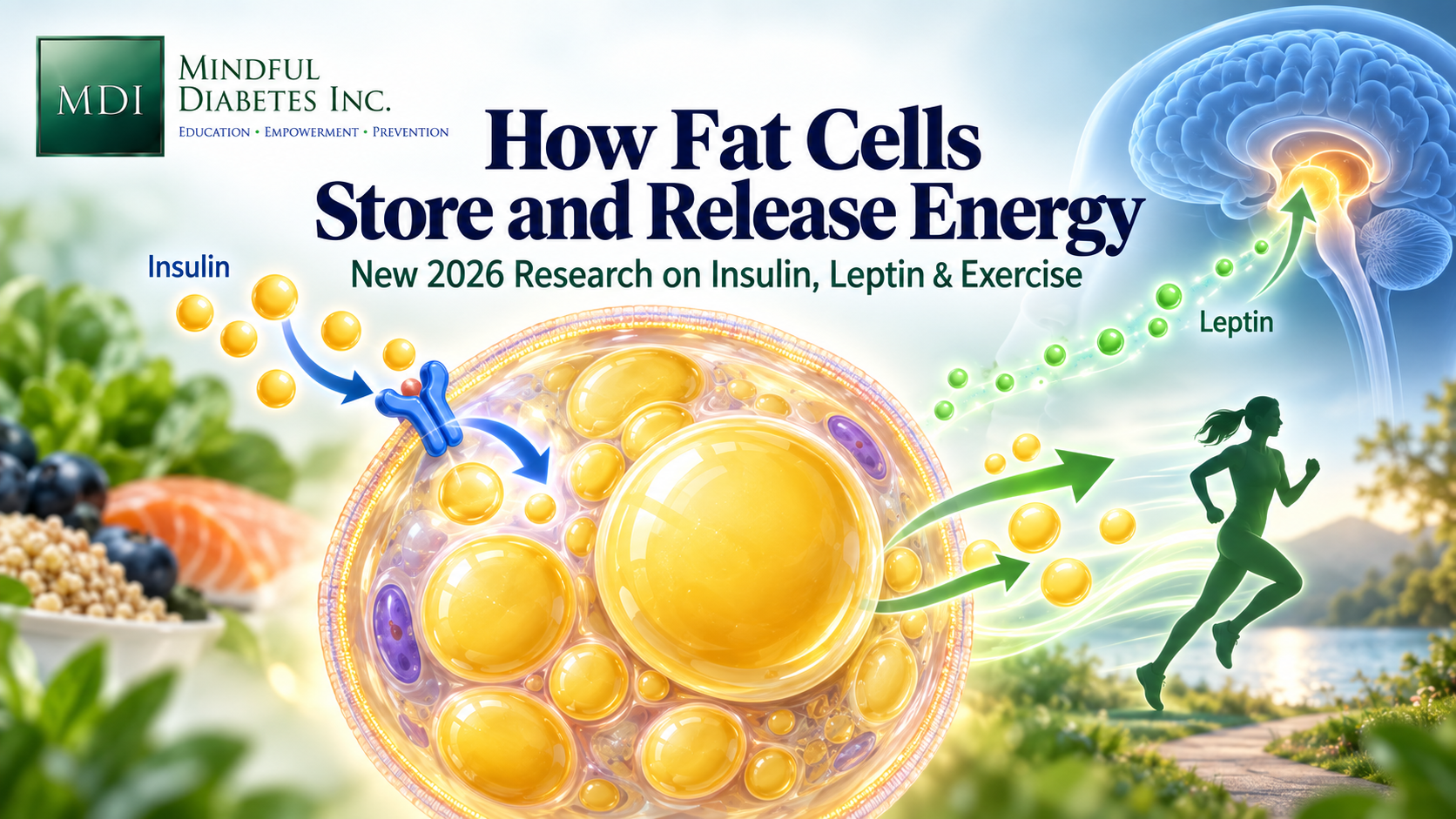 Mindful Diabetes cover illustration showing an adipocyte receiving insulin signals, releasing stored fatty acids during exercise, and sending leptin signals toward the brain.