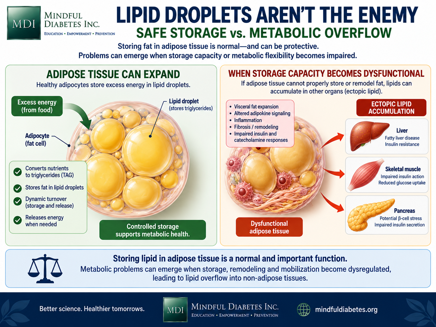 Lipid Droplets Aren't the Enemy Infographic comparing healthy adipose lipid storage with dysfunctional adipose remodeling and ectopic lipid accumulation in non-adipose tissues.