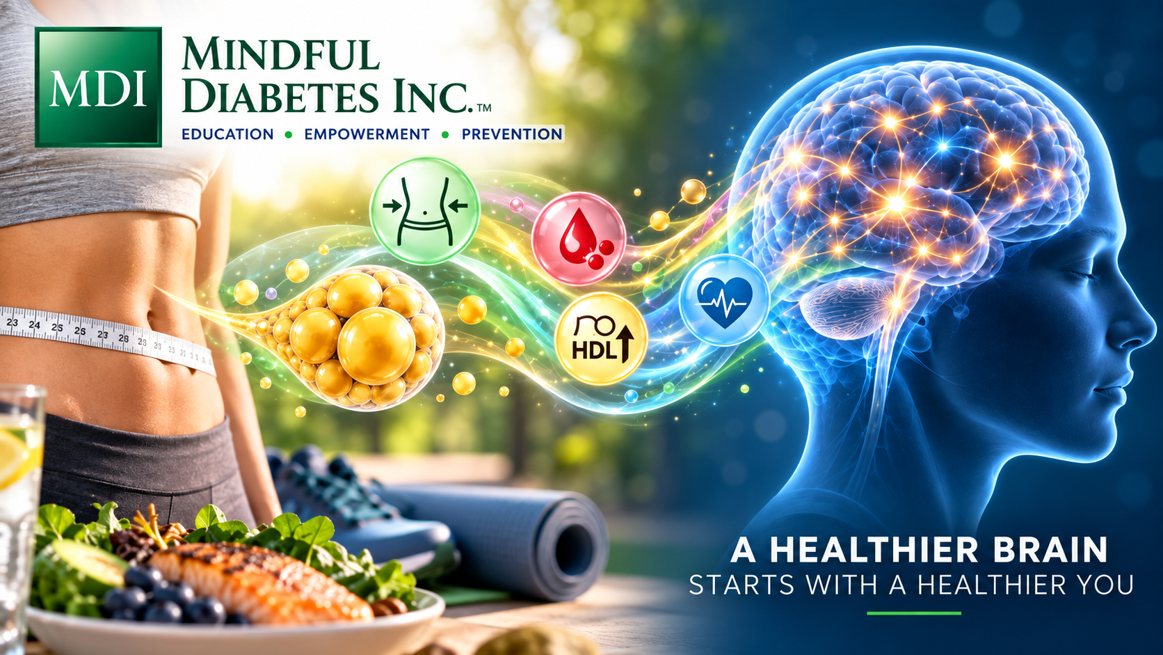 Mindful Diabetes cover image connecting waist measurement and cardiometabolic markers with a glowing brain network to illustrate metabolic health and brain health in midlife.