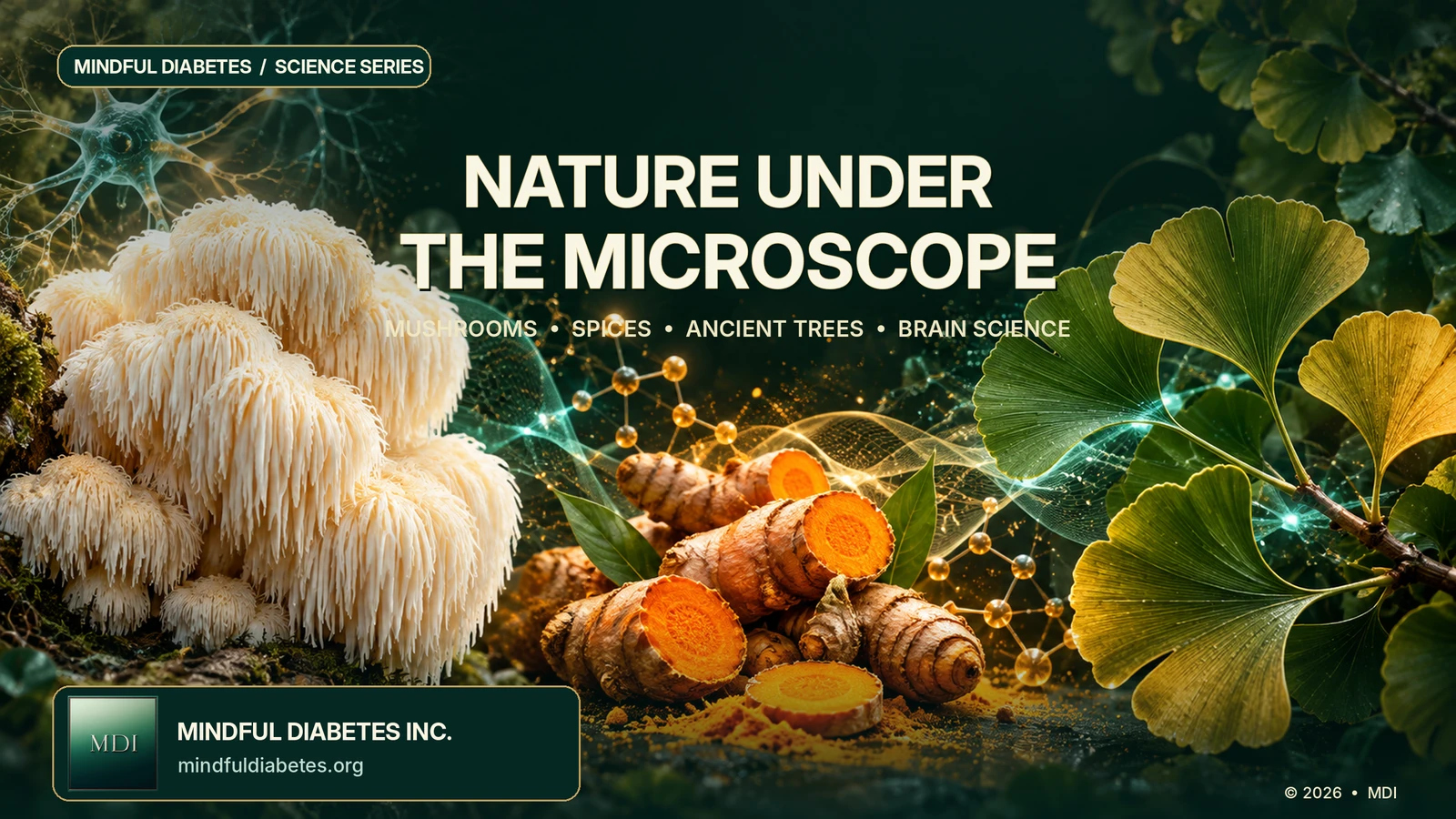 Lion’s mane mushrooms beside glowing orange turmeric rhizomes and golden ginkgo leaves against a deep-green science-inspired background, with Mindful Diabetes Inc. branding.
