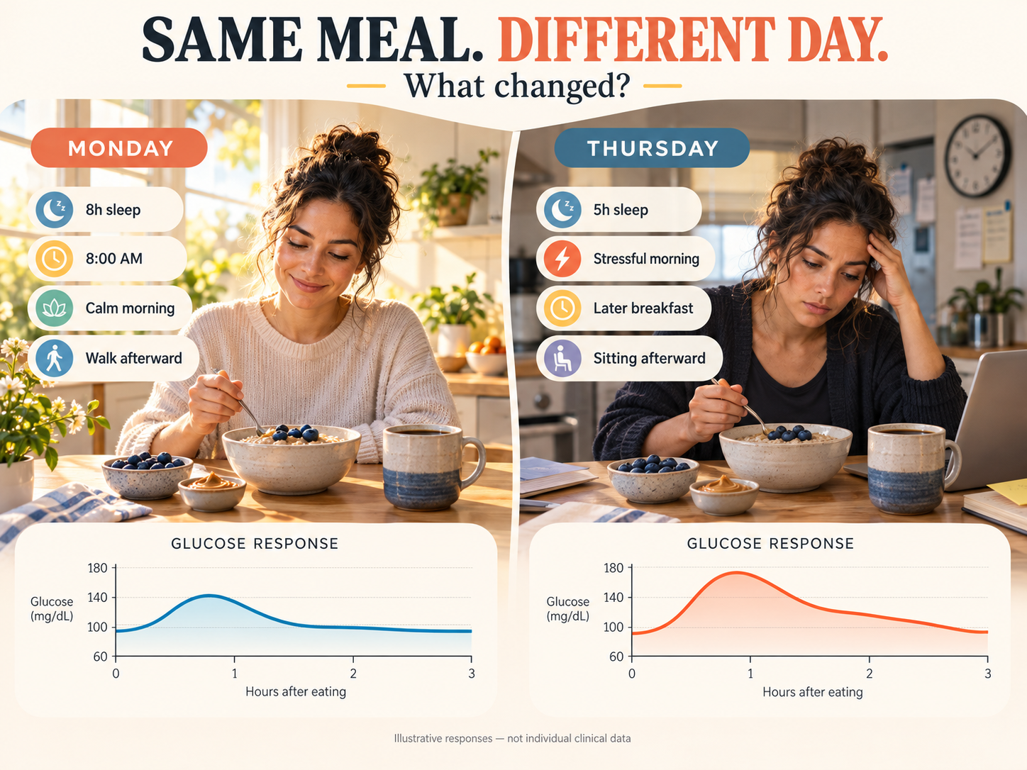 Figure 1 Split-screen showing the same woman eating the same oatmeal breakfast on two different days, one calm and rested and one tired and stressed, with different illustrative glucose-response curves.