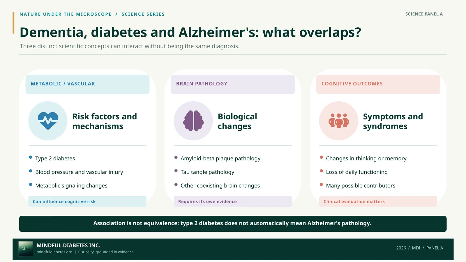 Three-part Mindful Diabetes schematic distinguishing metabolic and vascular risk factors, Alzheimer-associated pathological changes, and cognitive outcomes or dementia syndromes.