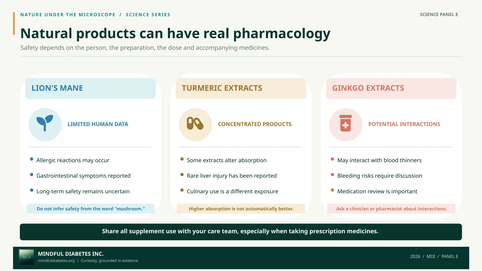 Three-column Mindful Diabetes safety infographic comparing uncertainties for lion’s mane, concentrated turmeric extracts, and ginkgo leaf extracts.