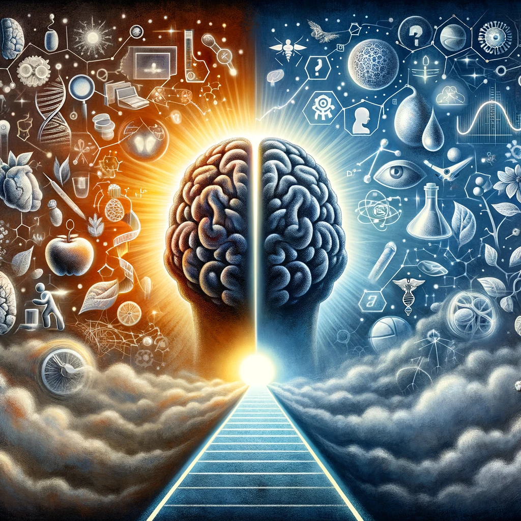 A visual journey from confusion to clarity on Type 3 Diabetes, featuring a transition from foggy beginnings to a bright, enlightened end. The image includes symbolic elements like a brain moving from darkness to light, and a blend of lifestyle and medical symbols, highlighting the role of holistic health