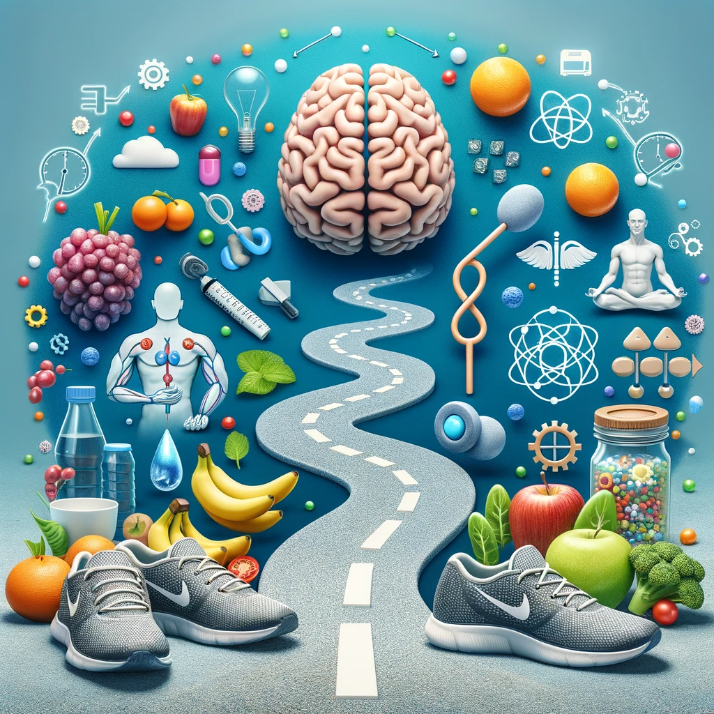A pathway from a glucose molecule to a brain, flanked by fruits, vegetables, running shoes, and a meditation symbol, representing the prevention of Type 3 Diabetes through holistic wellness.