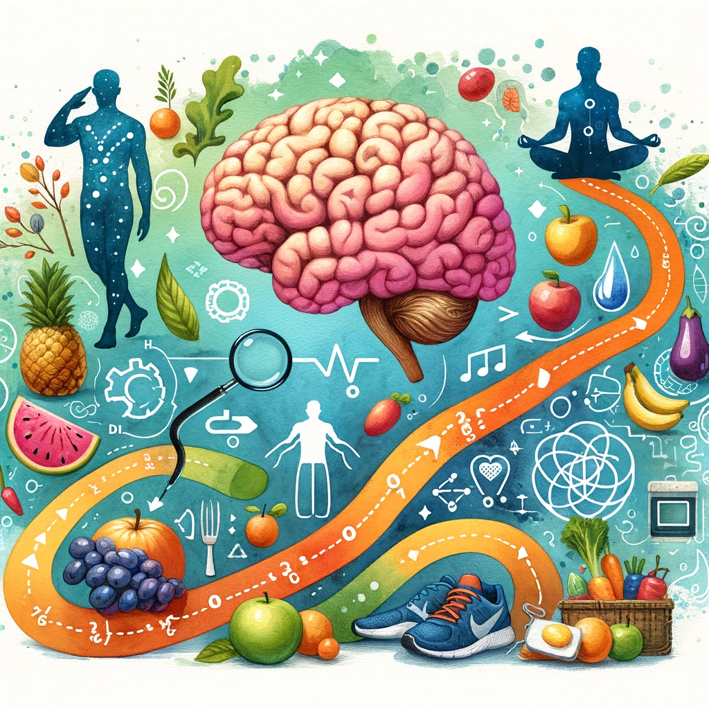 A watercolor depiction of a pathway from a glucose molecule to a brain, bordered by fruits, vegetables, running shoes, and a meditation symbol, highlighting a holistic approach to preventing Type 3 Diabetes
