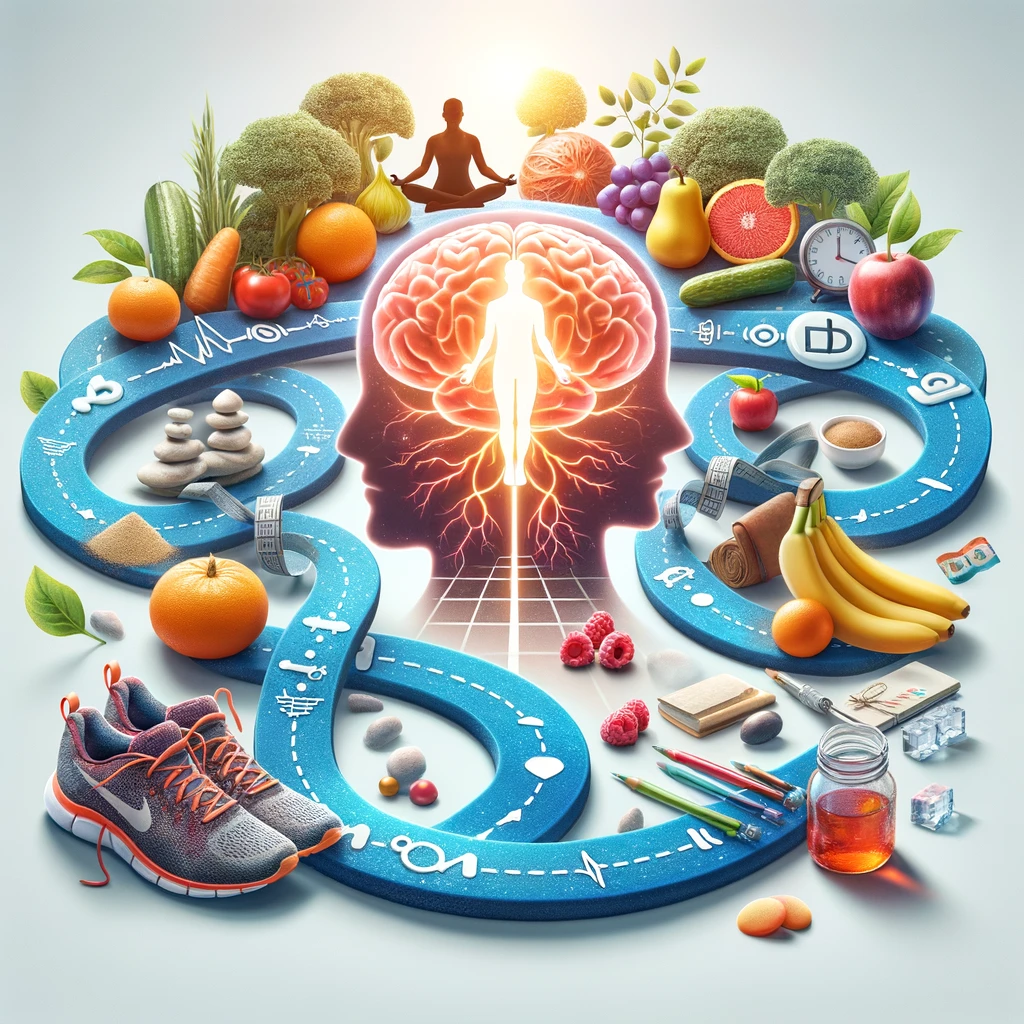 Digital art depicting a pathway from a glucose molecule to a brain, encircled by modern symbols of healthy living, highlighting a holistic approach to preventing Type 3 Diabetes.