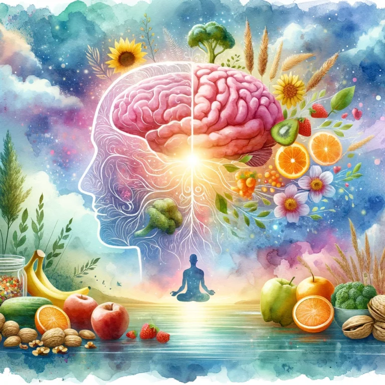 A watercolor painting illustrating mindful eating for Alzheimer's prevention, featuring nutritious foods merging into a radiant brain, complemented by a tranquil landscape and meditative silhouette, symbolizing the serene connection between diet, mindfulness, and cognitive health