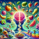 An animation-style image inspired by Pixar, featuring a path of vibrant nutritious foods leading to a glowing brain, with happy characters and mindfulness symbols, highlighting the joyful connection between a healthy diet and cognitive well-being.